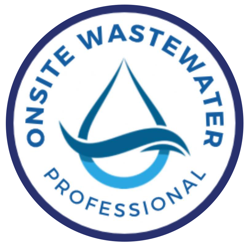 Consite Wastewater Professional logo: circular white emblem with blue text on a dark blue background and a teal water droplet and wave in the center